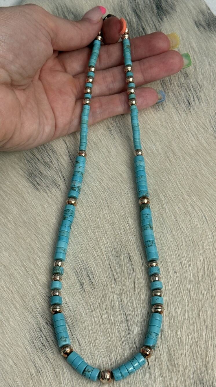 Copper Navajo Pearl Bench Beads & 4mm 6mm Blue Turquoise Heishi Necklace 18.5”